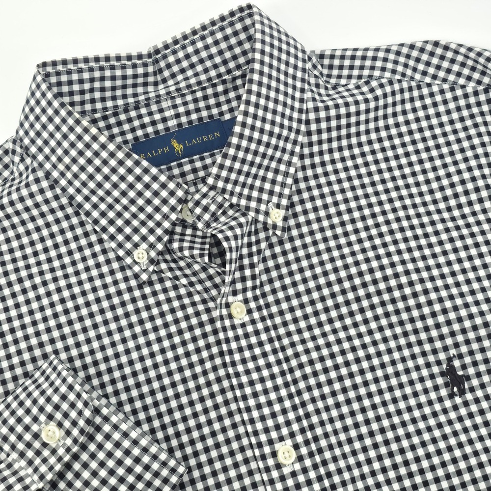 Ralph Lauren Mens XL Gingham Button Down Shirt Black White Cotton Long Sleeve